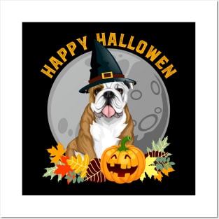 Happy Halloween Bulldog and Pumpkin Posters and Art